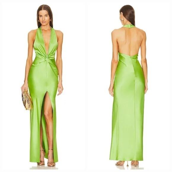 KHANUMS‎ X Revolve Halter Gown With Slit in Pear Green Size Small - Picture 3 of 12